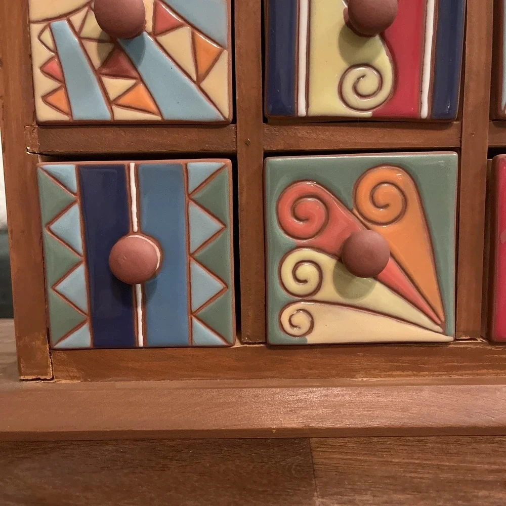 Hand Painted Ceramic Wood Apothecary 9 Drawer Chest Jewelry Spices Trinkets Vtg‎